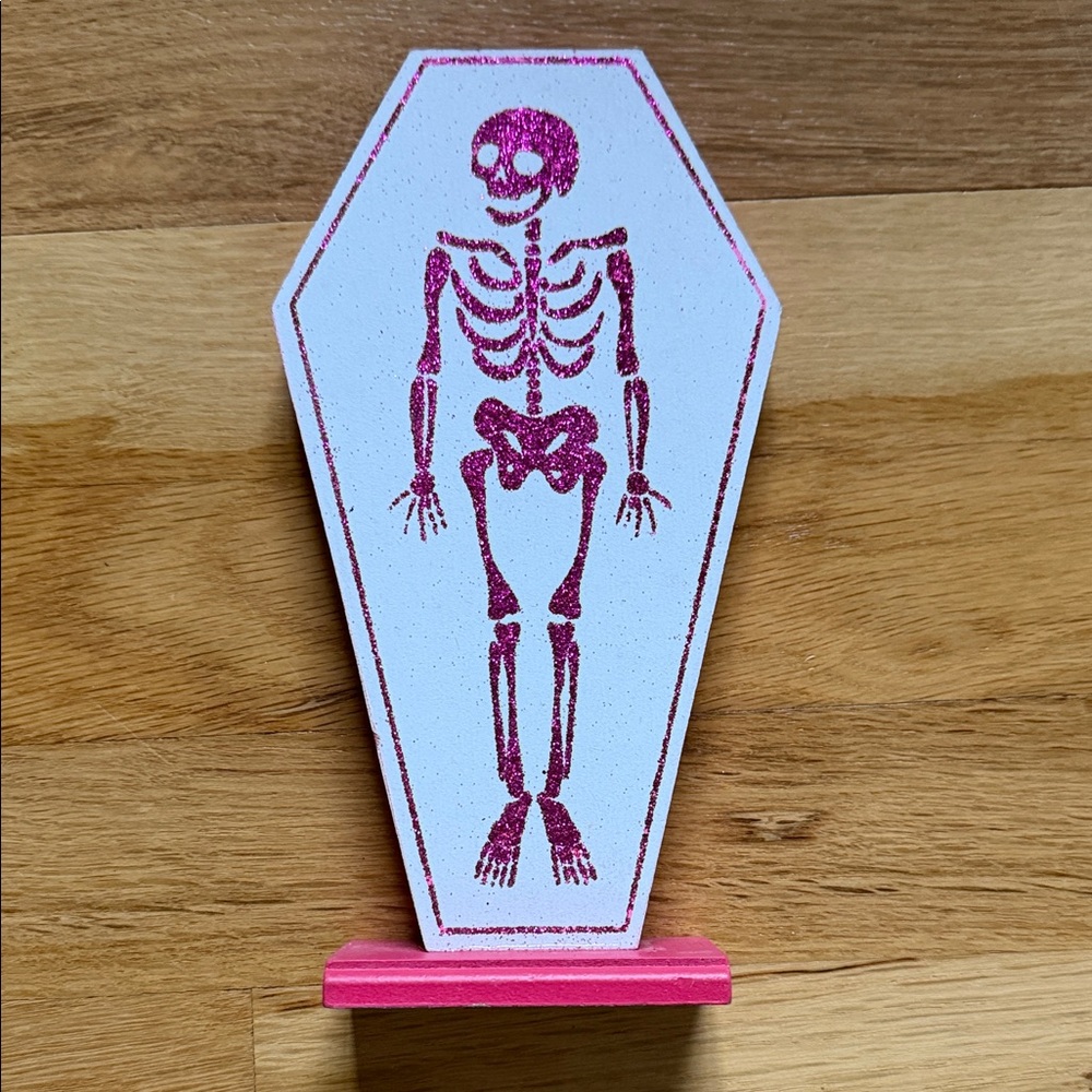 NWT Ashland Pink Glitter Skeleton Coffin Decor 💀